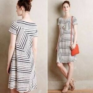 Maeve Anthropologie Black & White Preppy Striped Retro Swing Dress Size L